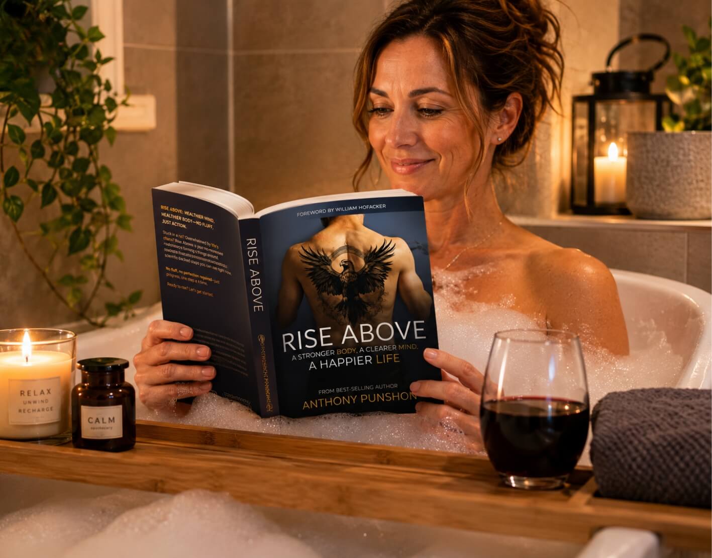 Woman relaxing in a bath while reading Rise Above by Anthony Punshon