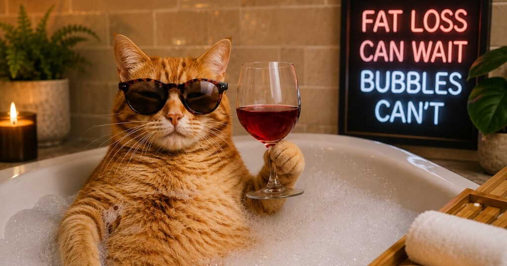 Ginger cat wearing sunglasses relaxes in a bubble bath with a glass of red wine.
