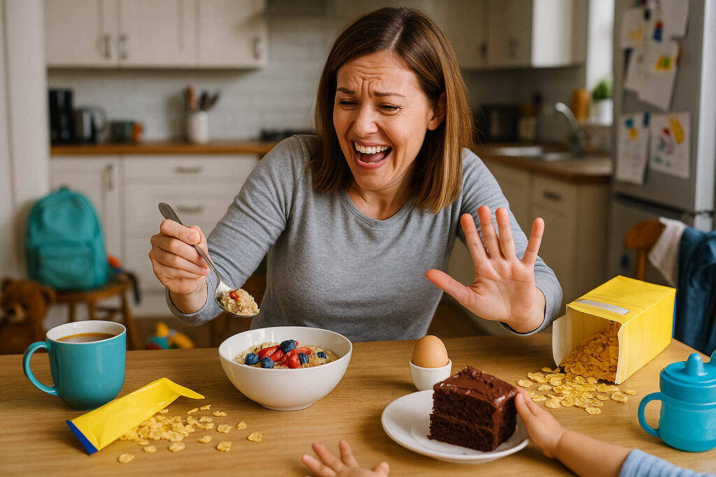 Positive, relatable image of a woman choosing a healthy breakfast despite household chaos, showing everyday victories in a busy lifestyle.