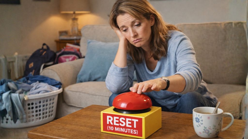 A stressed woman sitting on a sofa reaching for a large red “Reset (10 Minutes)” button, representing short movement breaks to reduce stress and build consistency.