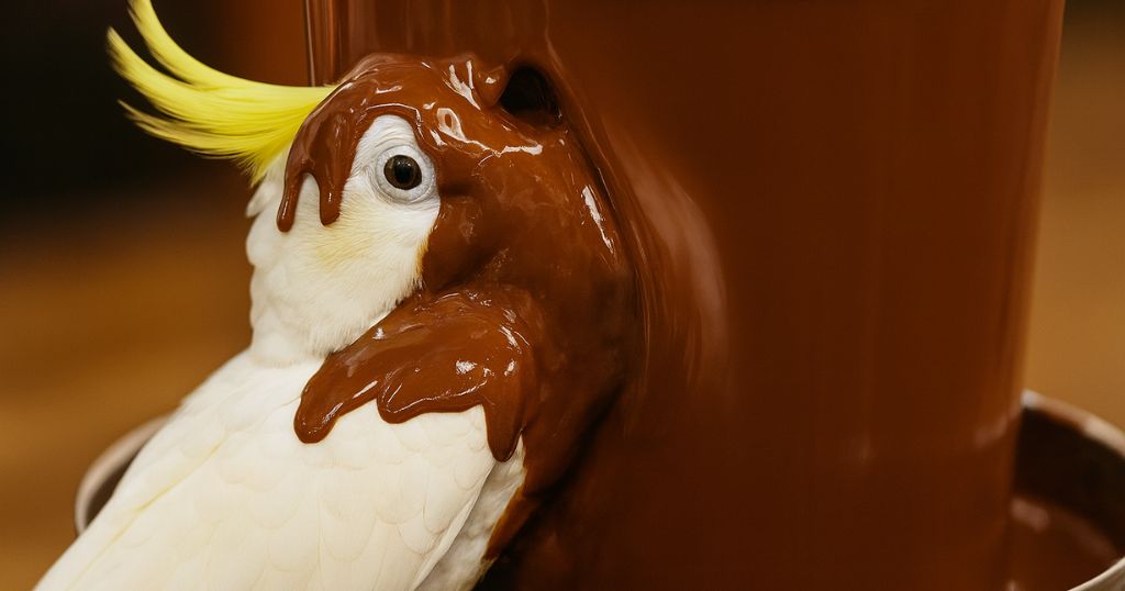A cockatoo covered in chocolate at a chocolate fountain — a playful image for breaking the “forbidden food” mindset and reducing chocolate cravings.