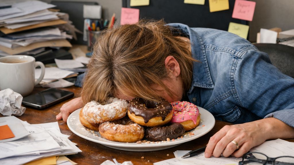 A frazzled woman face-down in a plate of comfort food at a cluttered desk, illustrating stress eating and nervous system overwhelm.