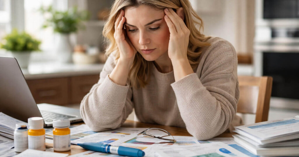 A woman in her 40s looking overwhelmed while reading information about weight loss jabs, reflecting confusion around GLP-1 injections and mixed health messaging.