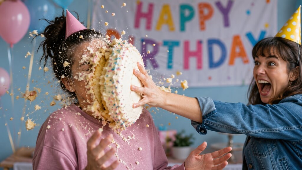 Woman being hit in the face with birthday cake, illustrating food guilt after a bad food day
