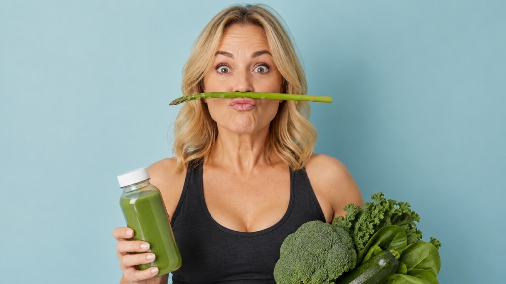 Playful studio portrait of a woman balancing asparagus as a moustache while holding a green smoothie and vegetables, illustrating restrictive dieting.